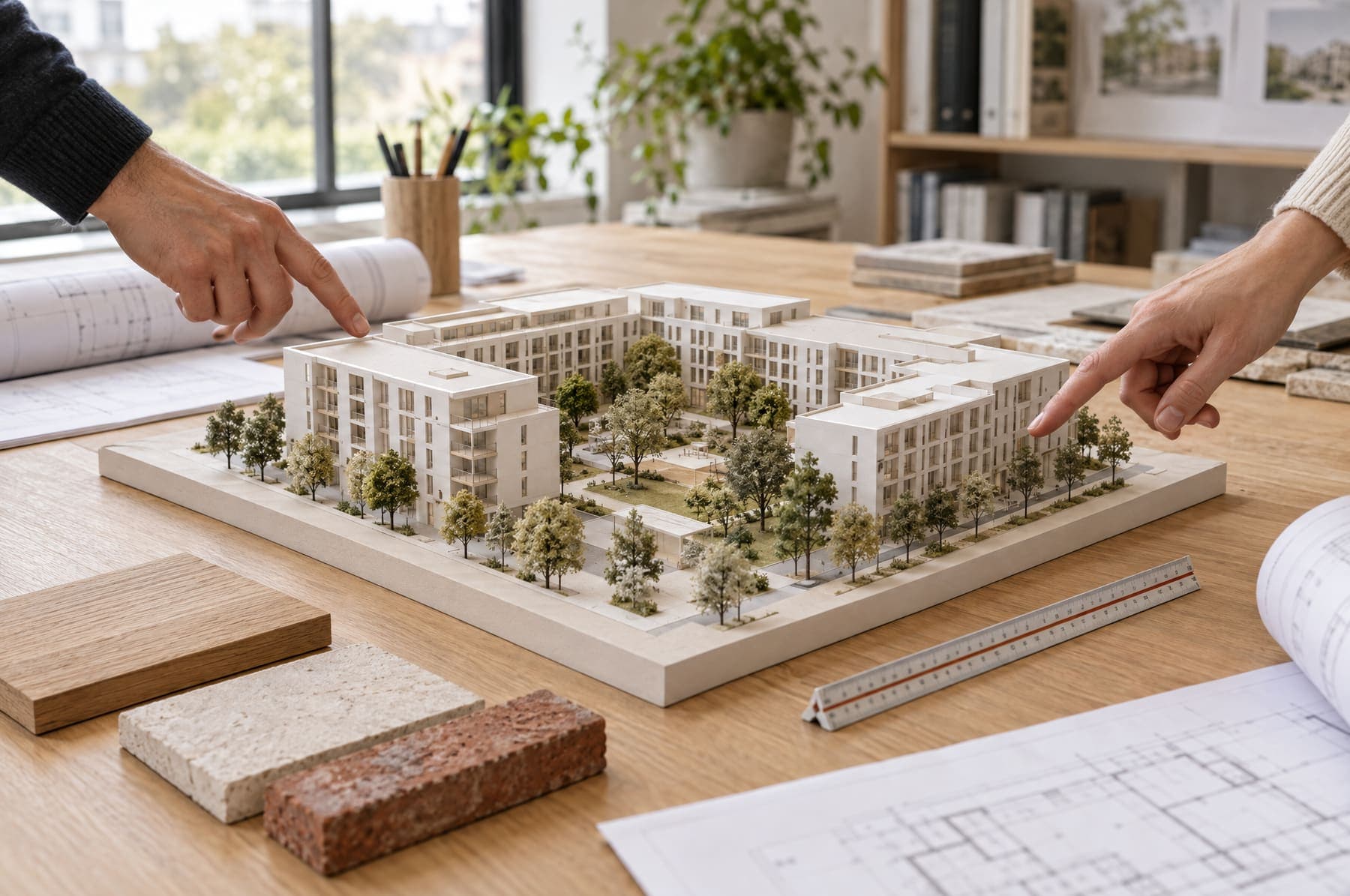 Architektonický model bytového domu s vnitroblokem na stole